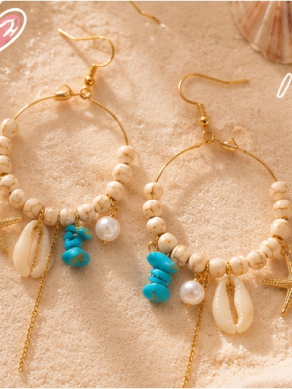 Boho Turquoise & Cream Beaded Hoop Earrings - Women Jewelry